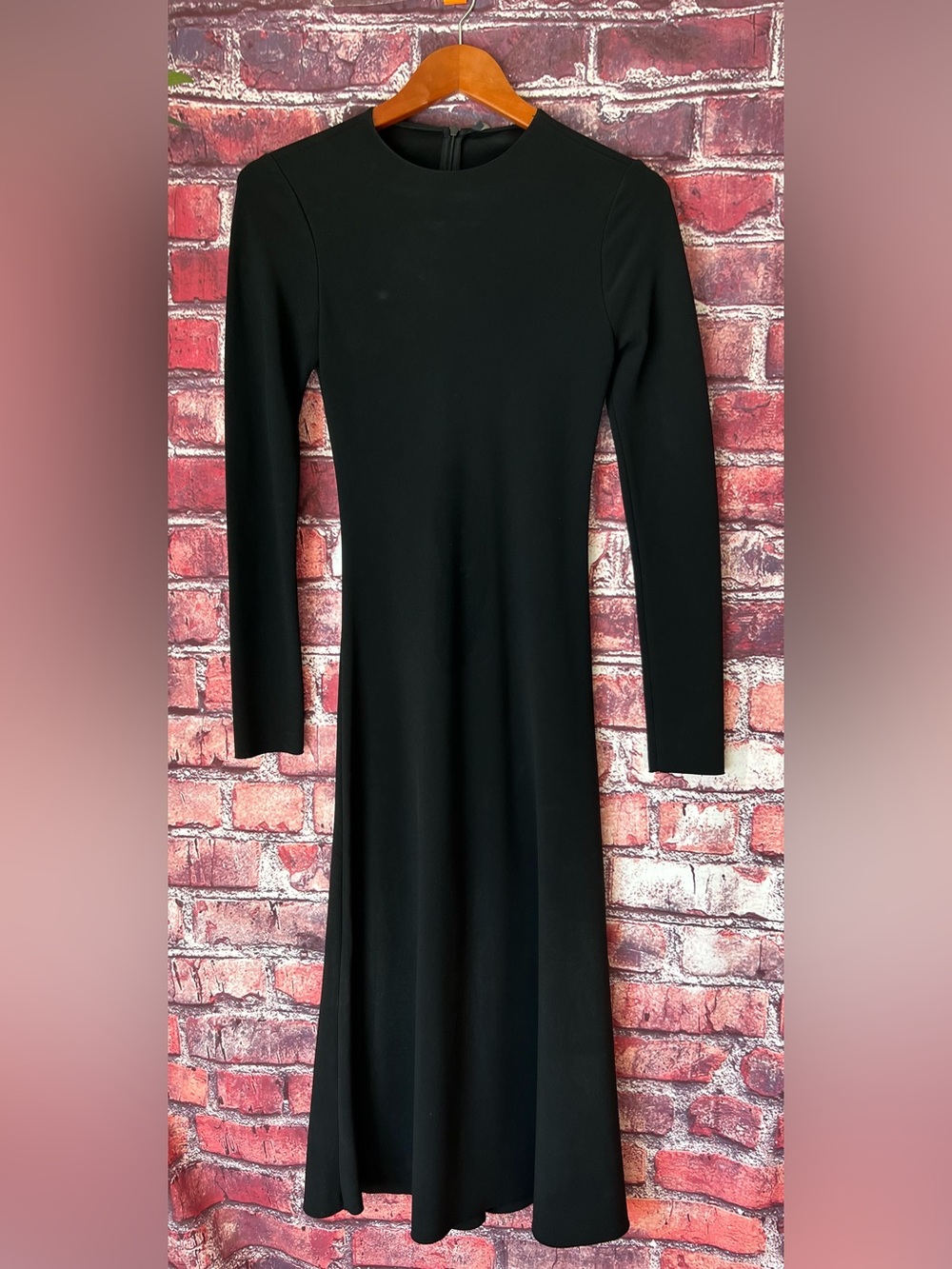 NWT Zara Black Long Sleeve Crew Neck Minimalist Maxi A-Line Dress Size XS